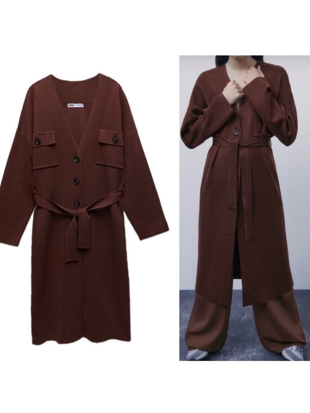 Zara chocolate brown knit midi button front cardigan sweater Sz M